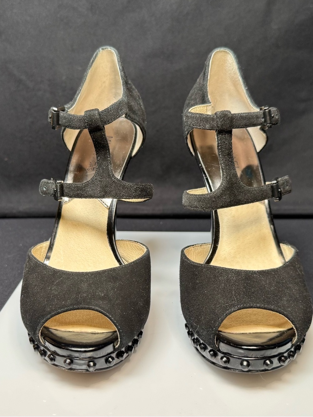 MICHAEL Michael Kors Black Suede T‑Strap Studded Peep Toe Heels